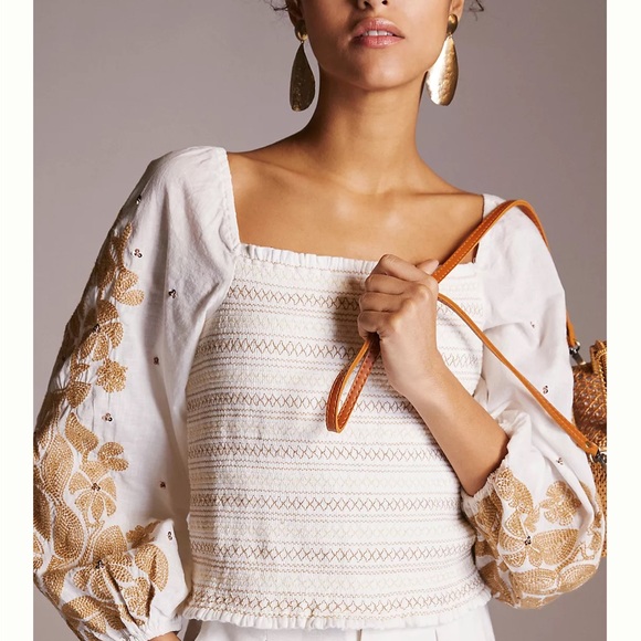 Anthropologie Tops - NWT Anthropologie White Embroidered Puff Sleeve Square Neck Top Medium